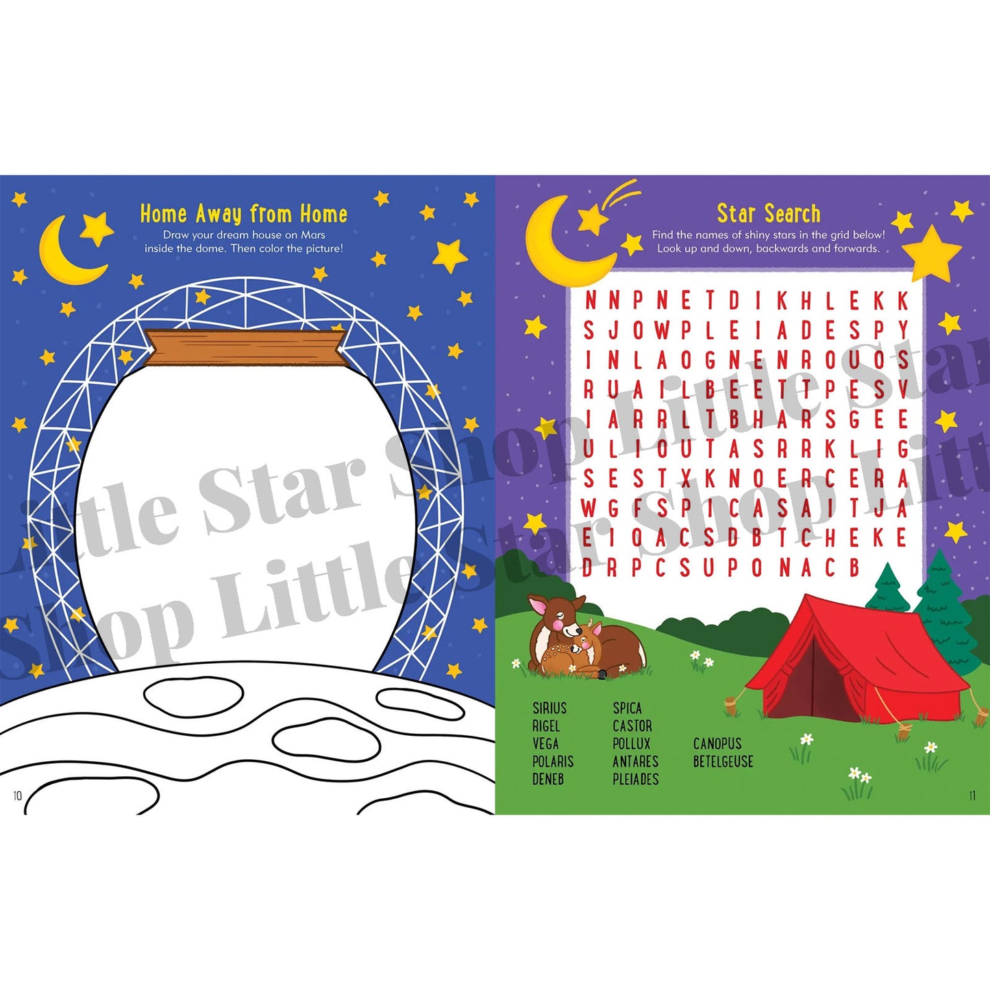 Children's book page with star chart, coloring area, and camping scene.