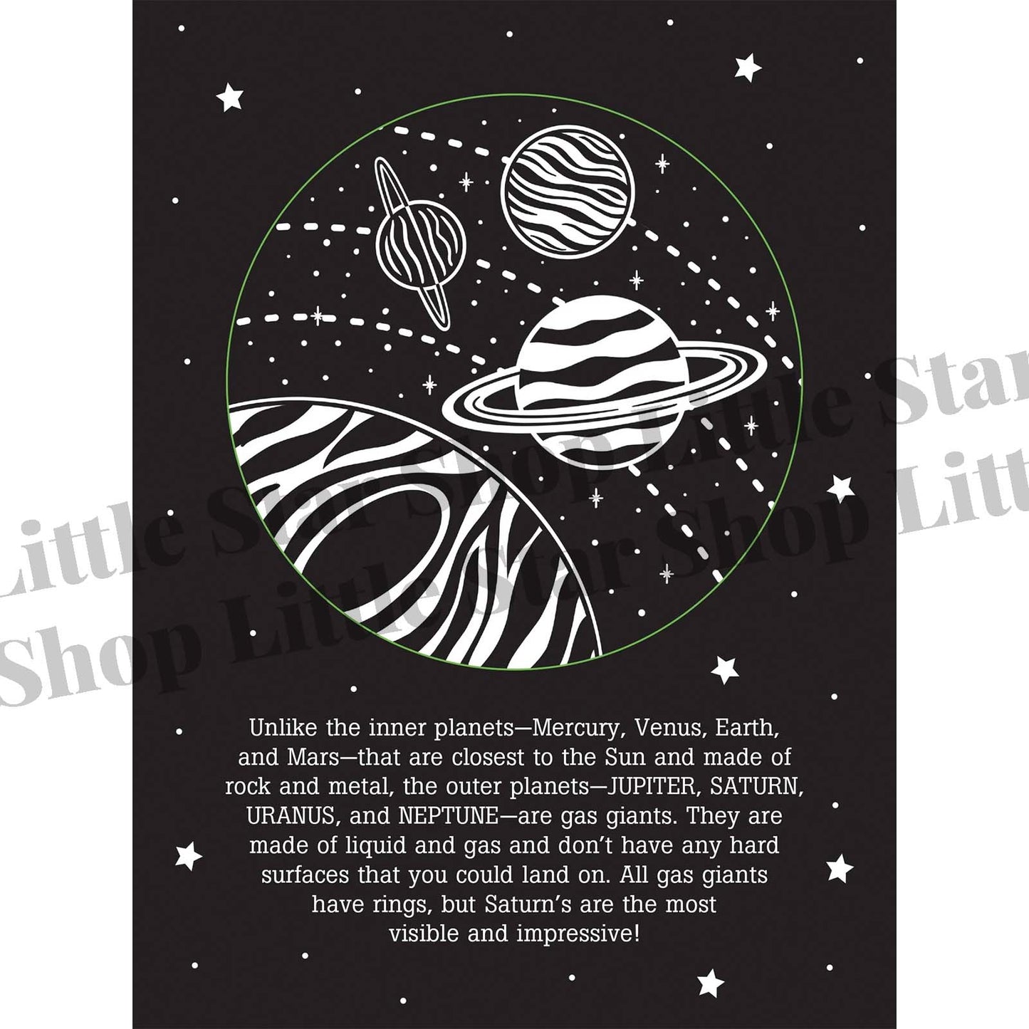 Illustration of planets with text about outer planets on a black background with white stars.