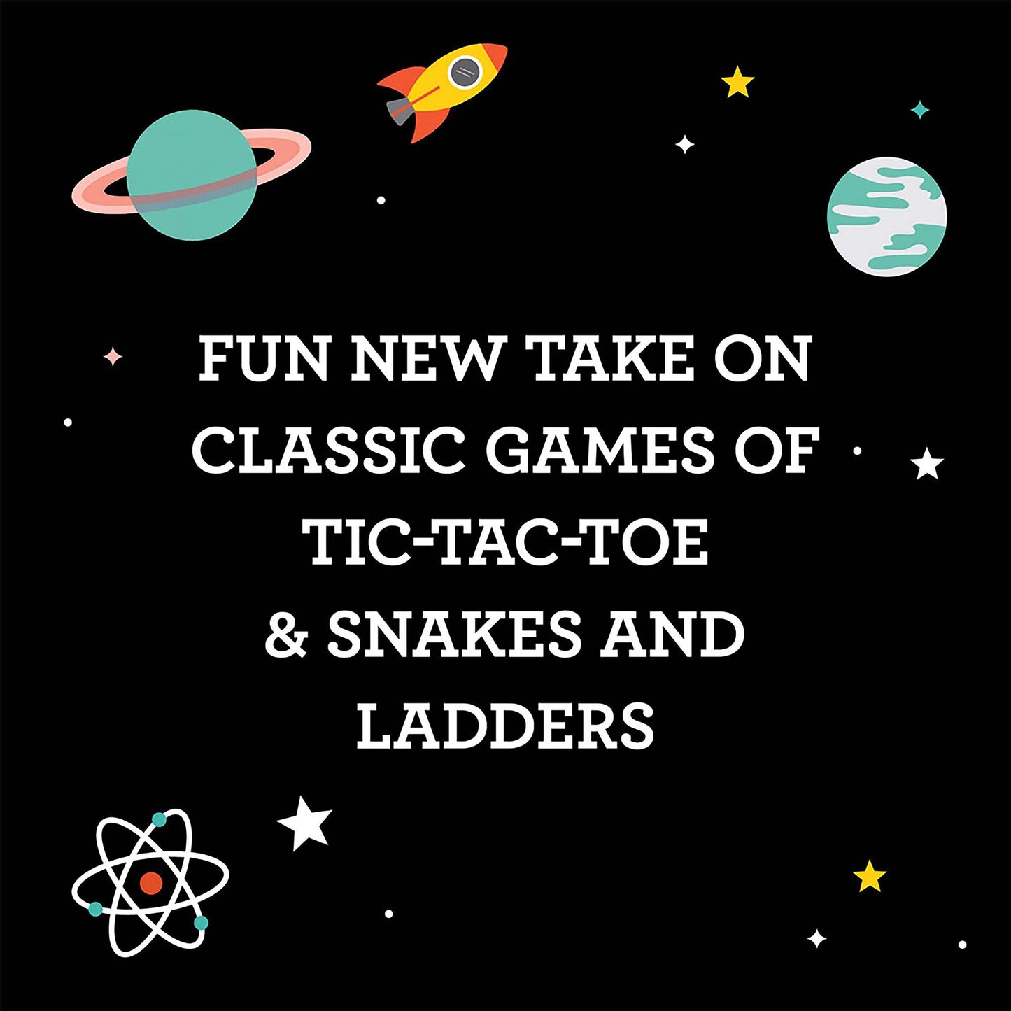 Space-themed promotional graphic with text about classic games on a black background.