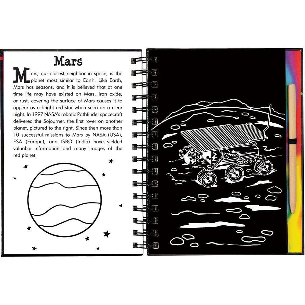 Open notebook with Mars-themed content including text and a rover illustration.