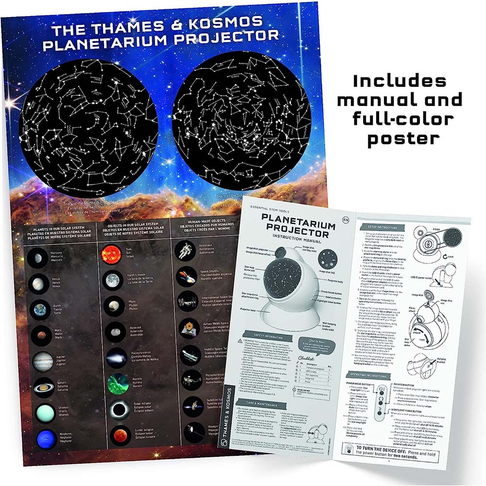 Planetarium projector packaging with manual and poster showing celestial designs.