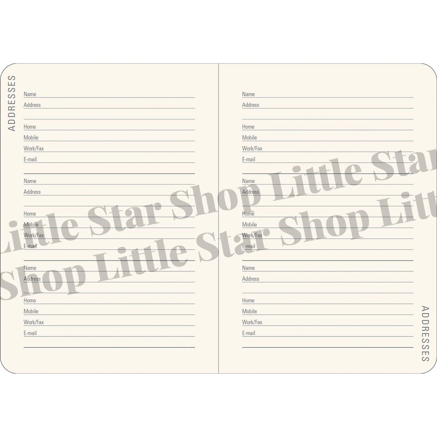 Address book with multiple address entries on a white background, featuring 'Little Star Shop' branding.