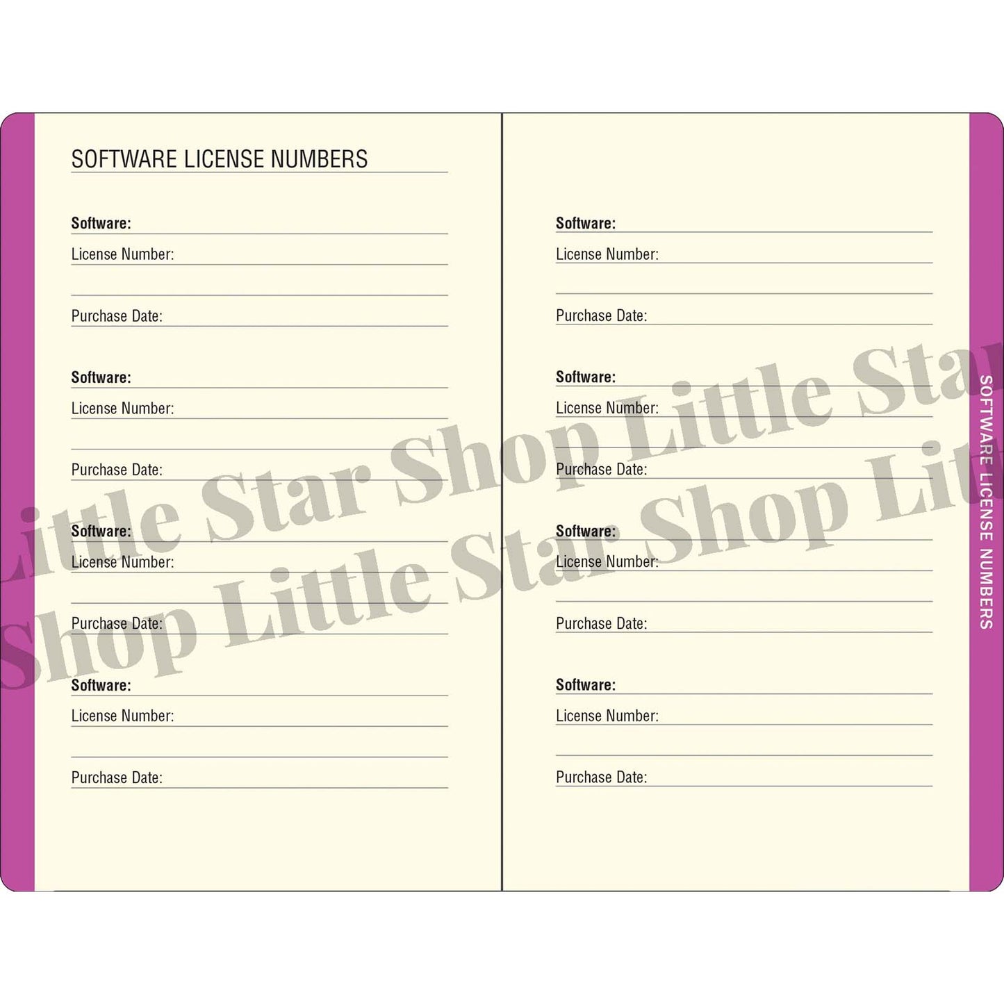 Two software license number cards with a purple border on a white background.