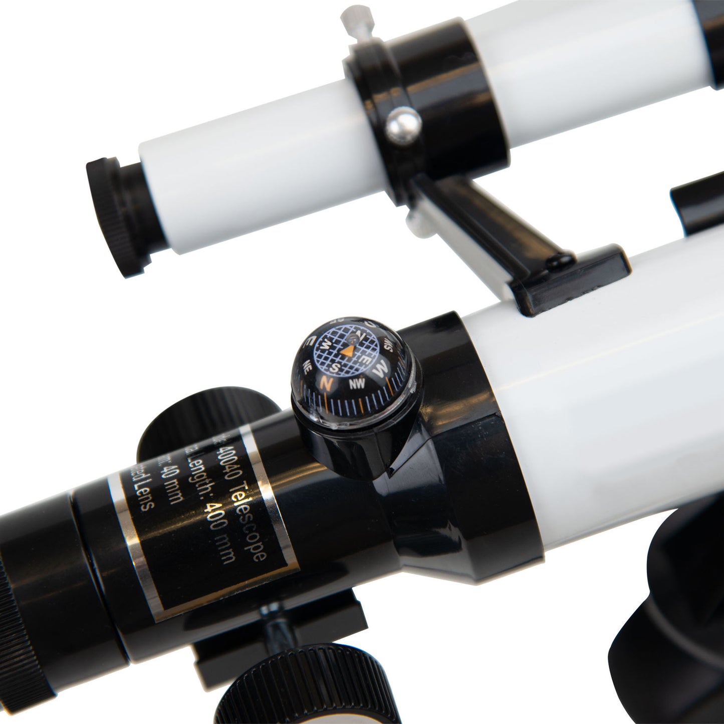 Close-up of a telescope with focus on the eyepiece and lens details.