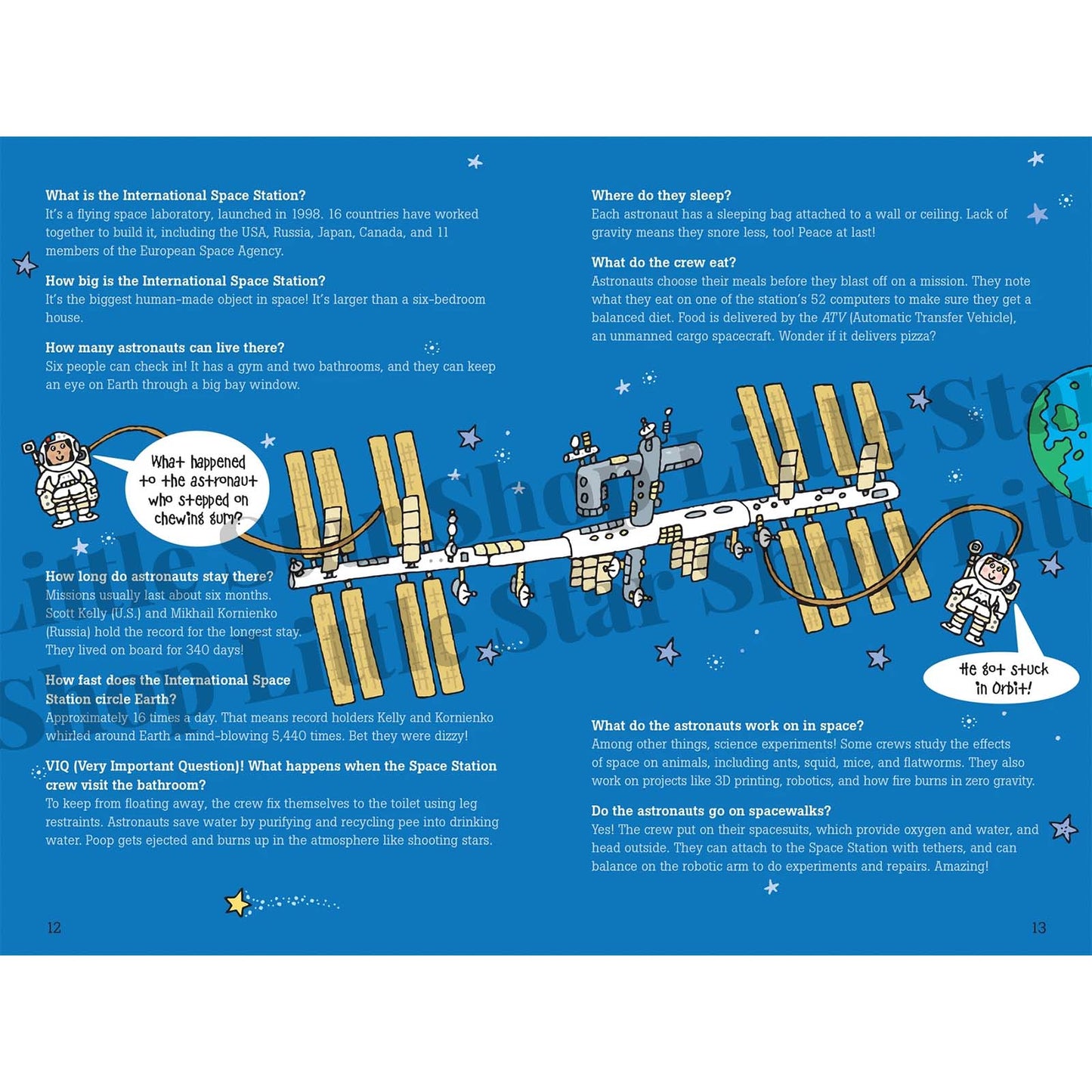 Educational page about the International Space Station with text and illustrations on a blue background.