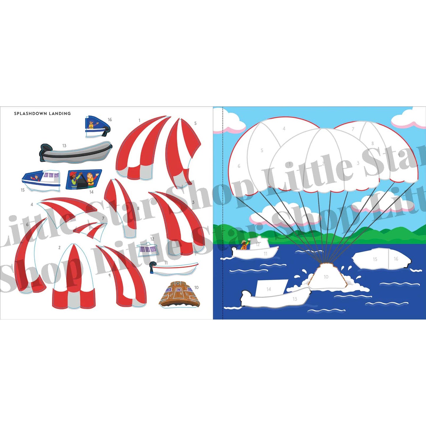 Illustrations of red and white striped parachutes with boats on a white background, and a blue sky with clouds and a boat.