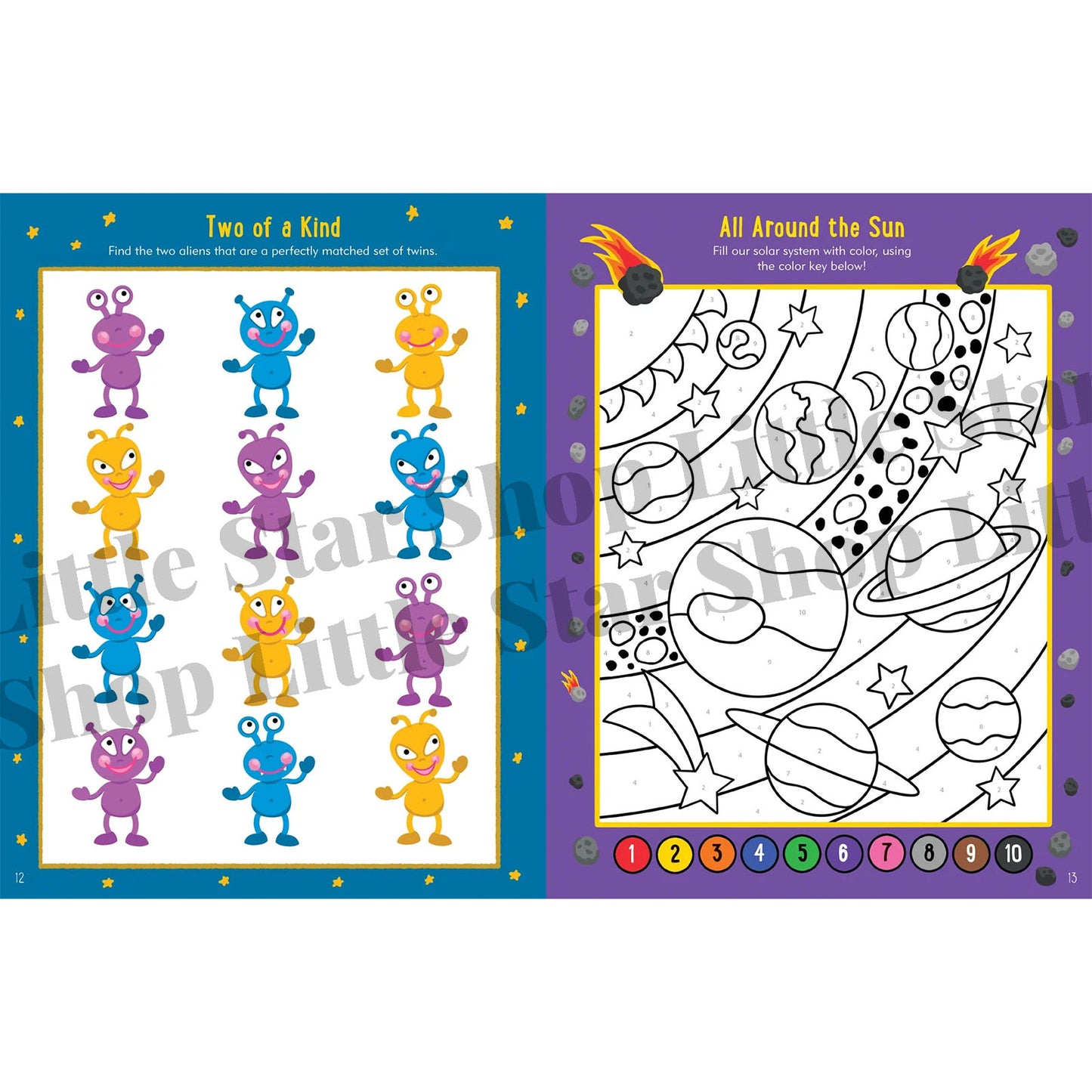 Coloring book with alien-themed activities on a white background