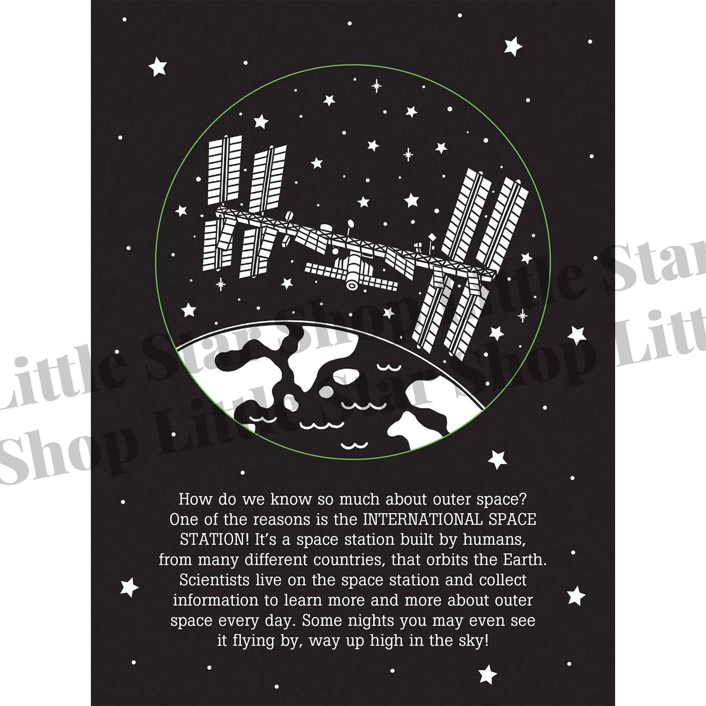Illustration of the International Space Station with text on a black background