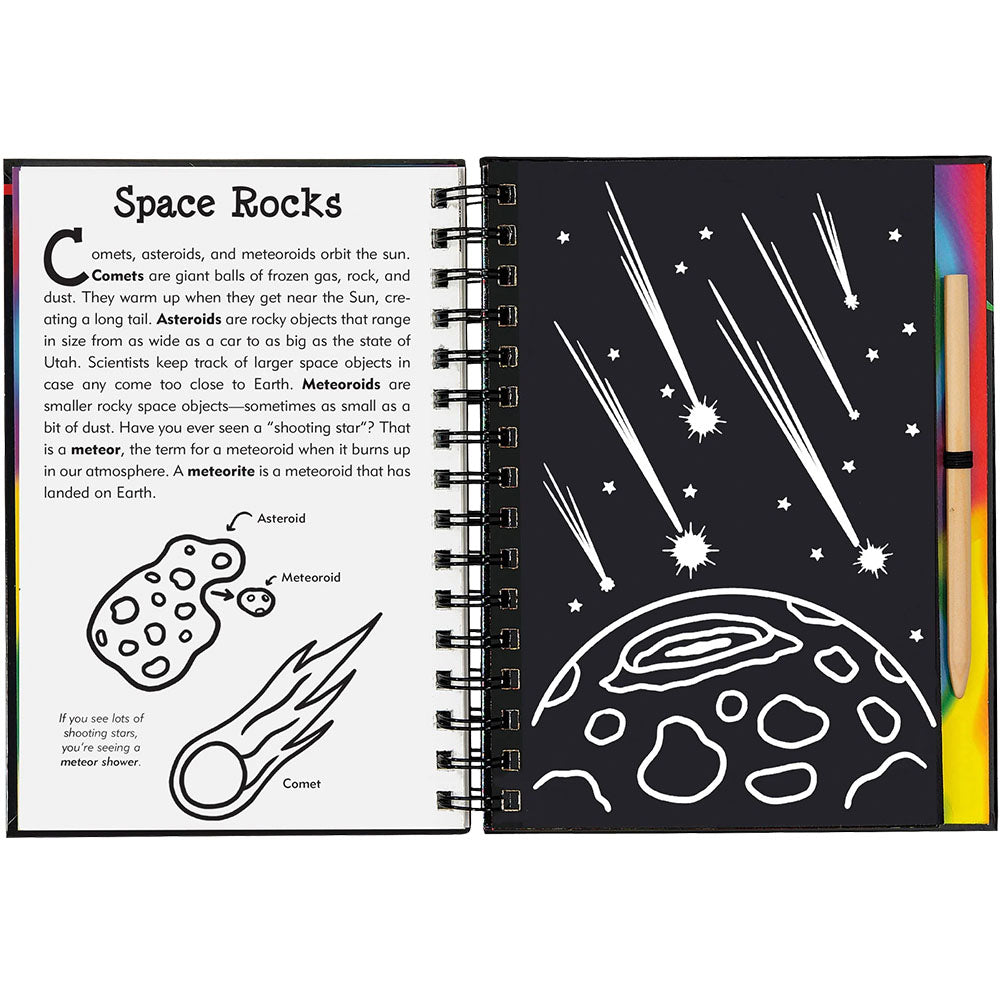 Children's educational book about space with illustrations and text on a white background