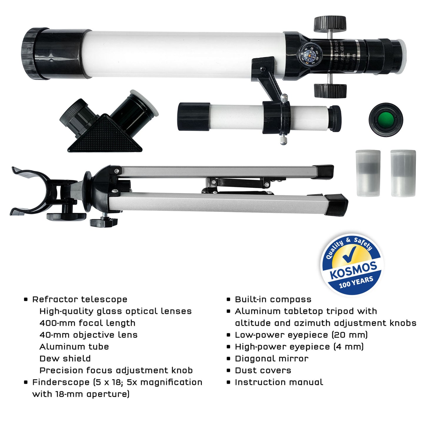 Telescope set with accessories on a white background, featuring Kosmos brand logo.