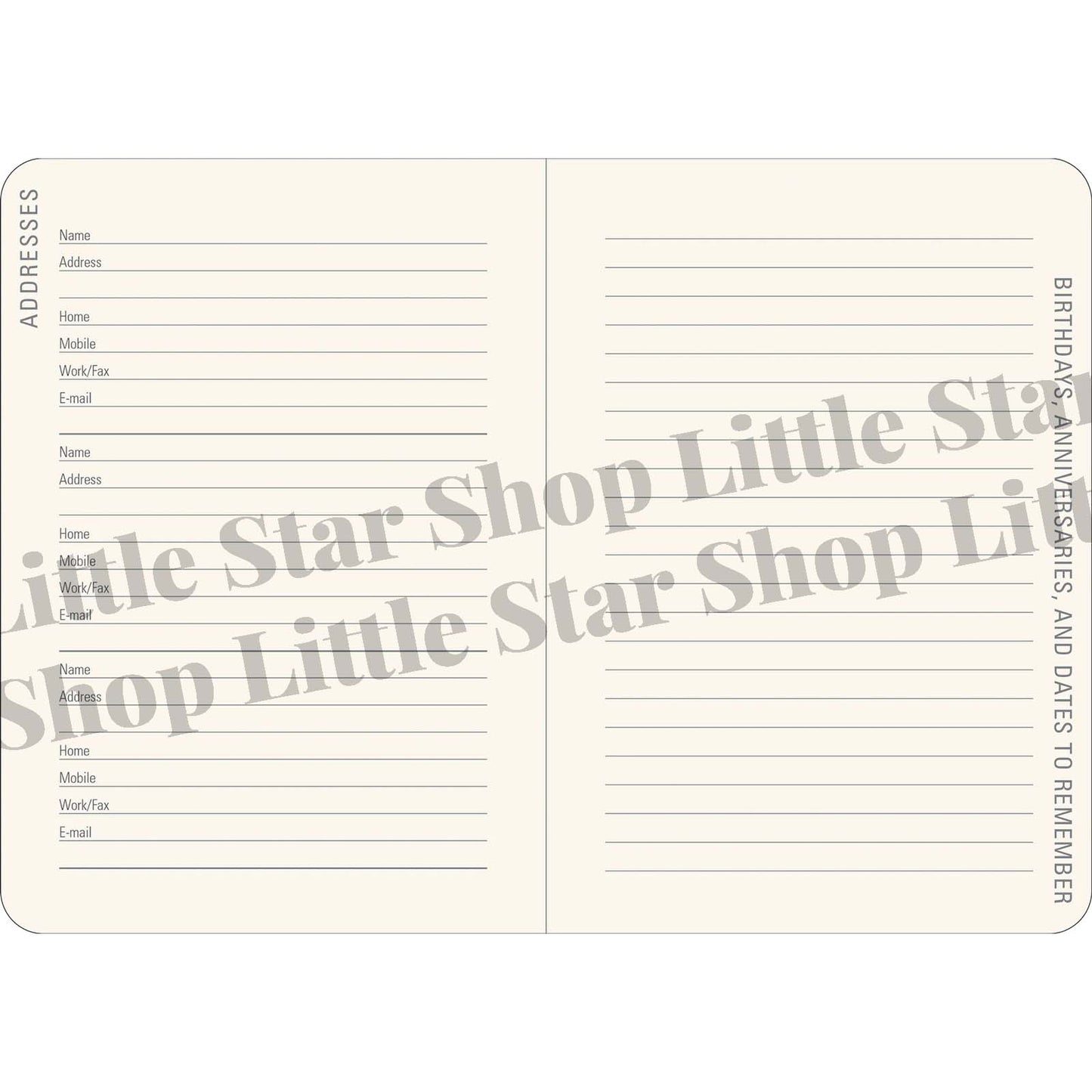 Address book with lined pages on a white background