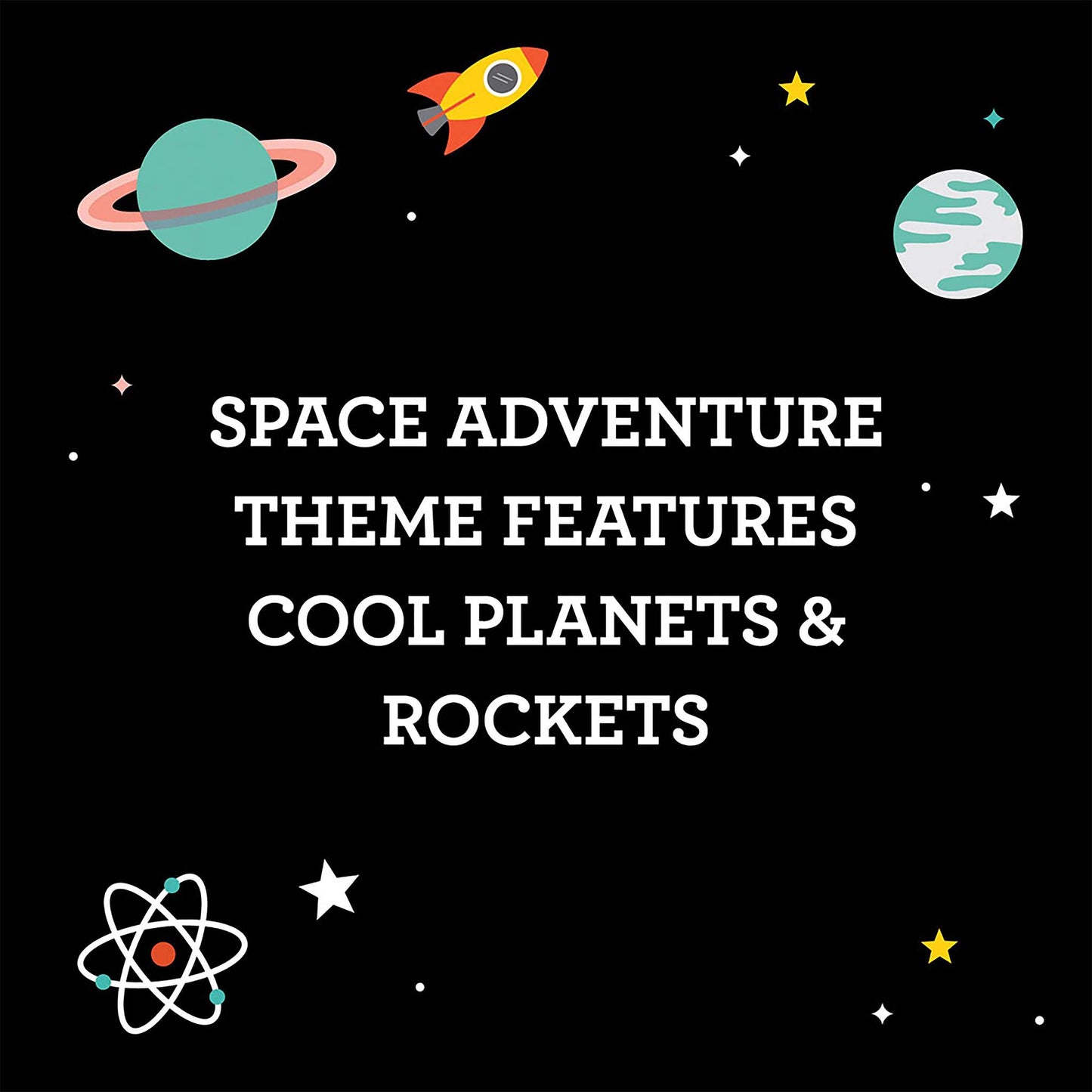 Space-themed graphic with planets, rockets, and text on a black background