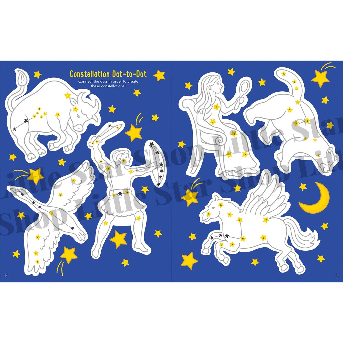 Constellation dot-to-dot activity sheet with illustrations of constellations on a blue background.