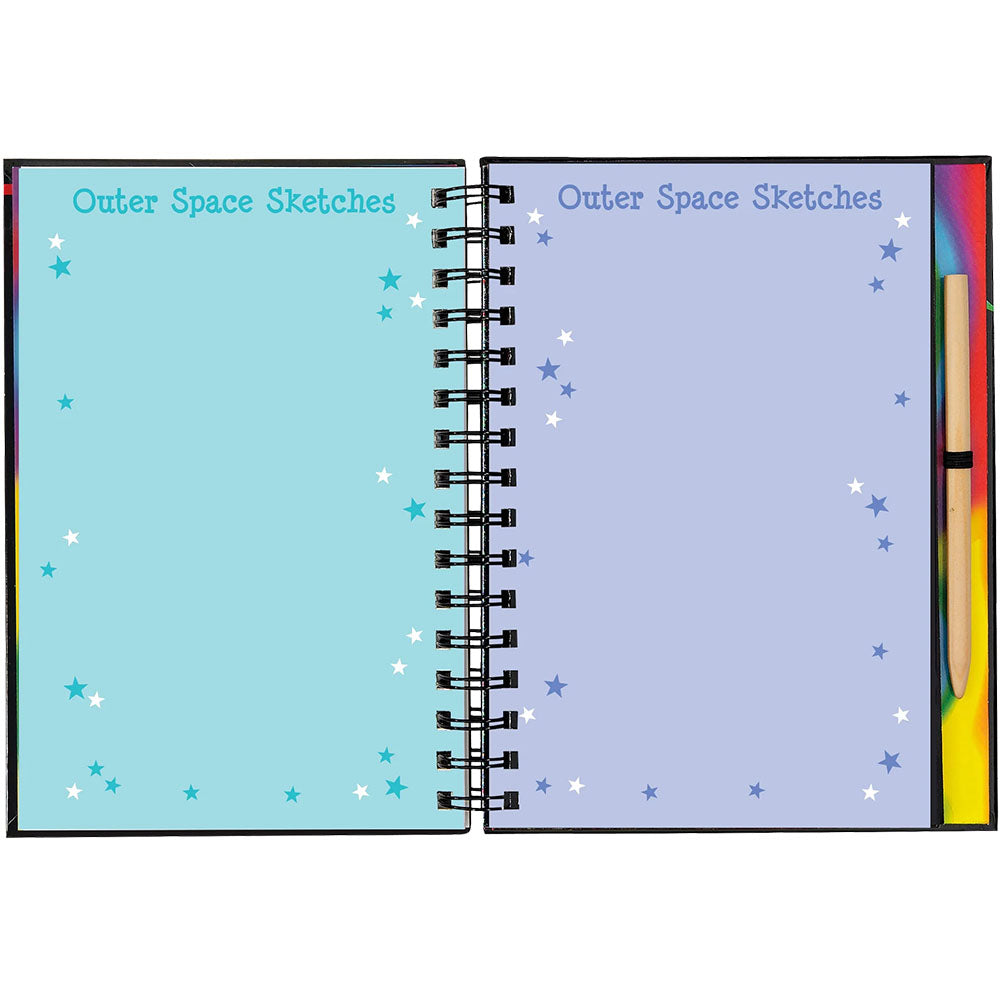 Notebook with 'Outer Space Sketches' title on a blue background with star patterns.