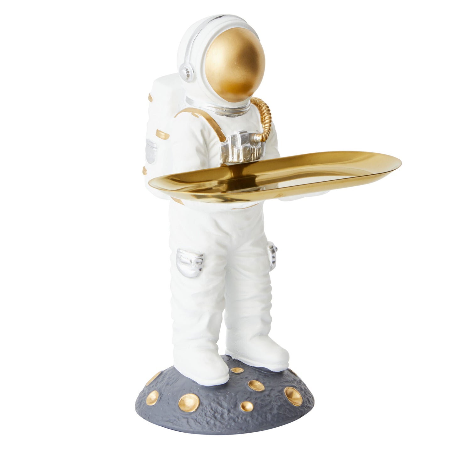 Astronaut figurine with a gold tray on a white background
