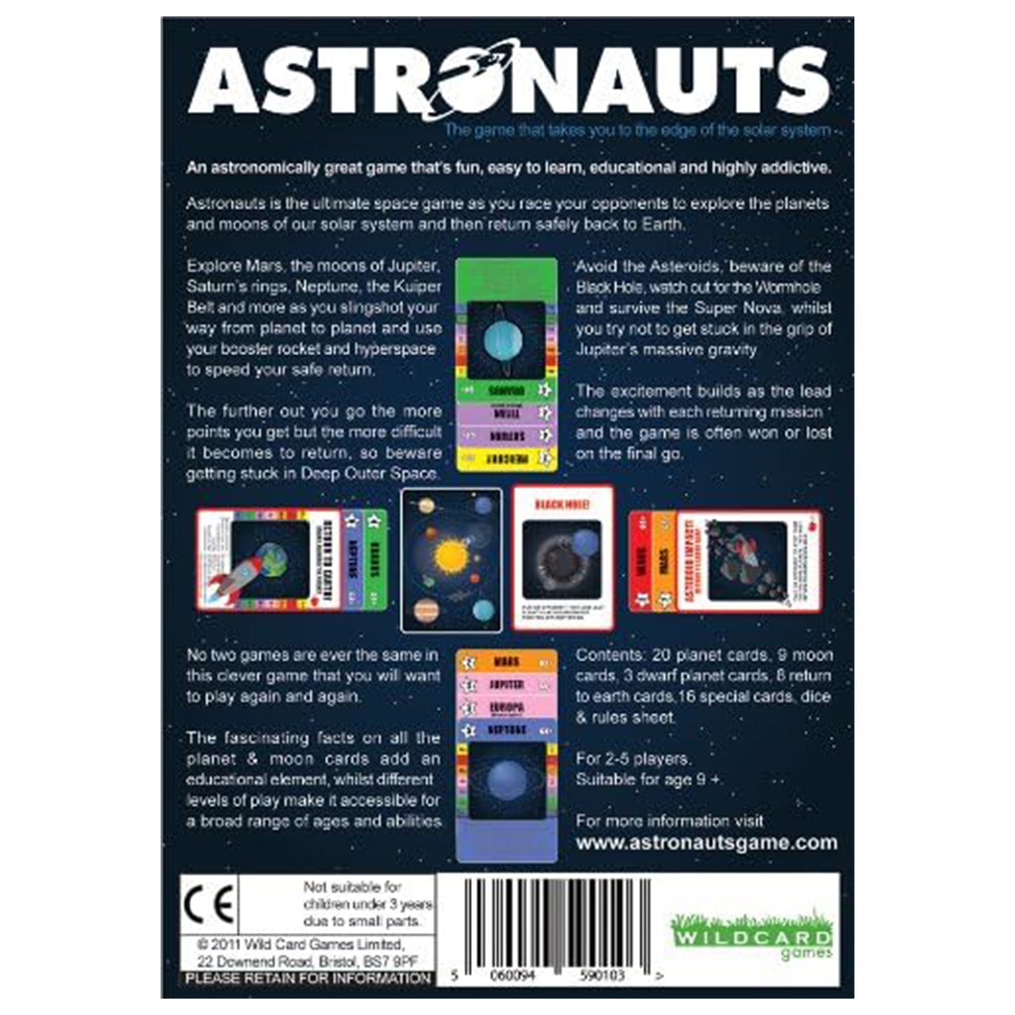 Back of a game box for 'Astronauts' with text and graphics on a white background