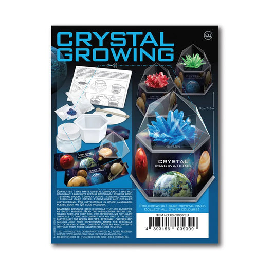 Crystal growing kit packaging with crystal models and instructions on a white background