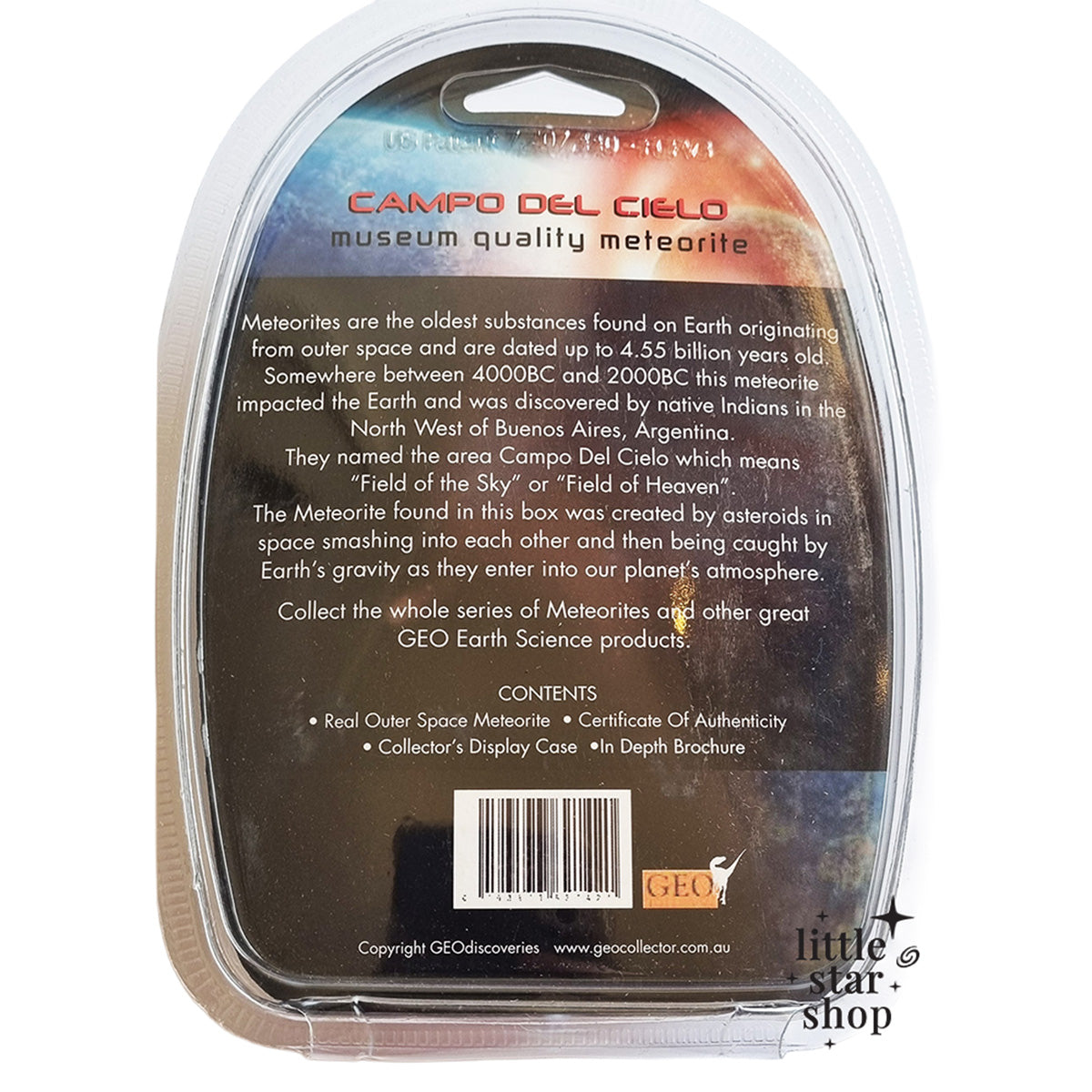 Back of a Campo del Cielo meteorite packaging with text and branding.