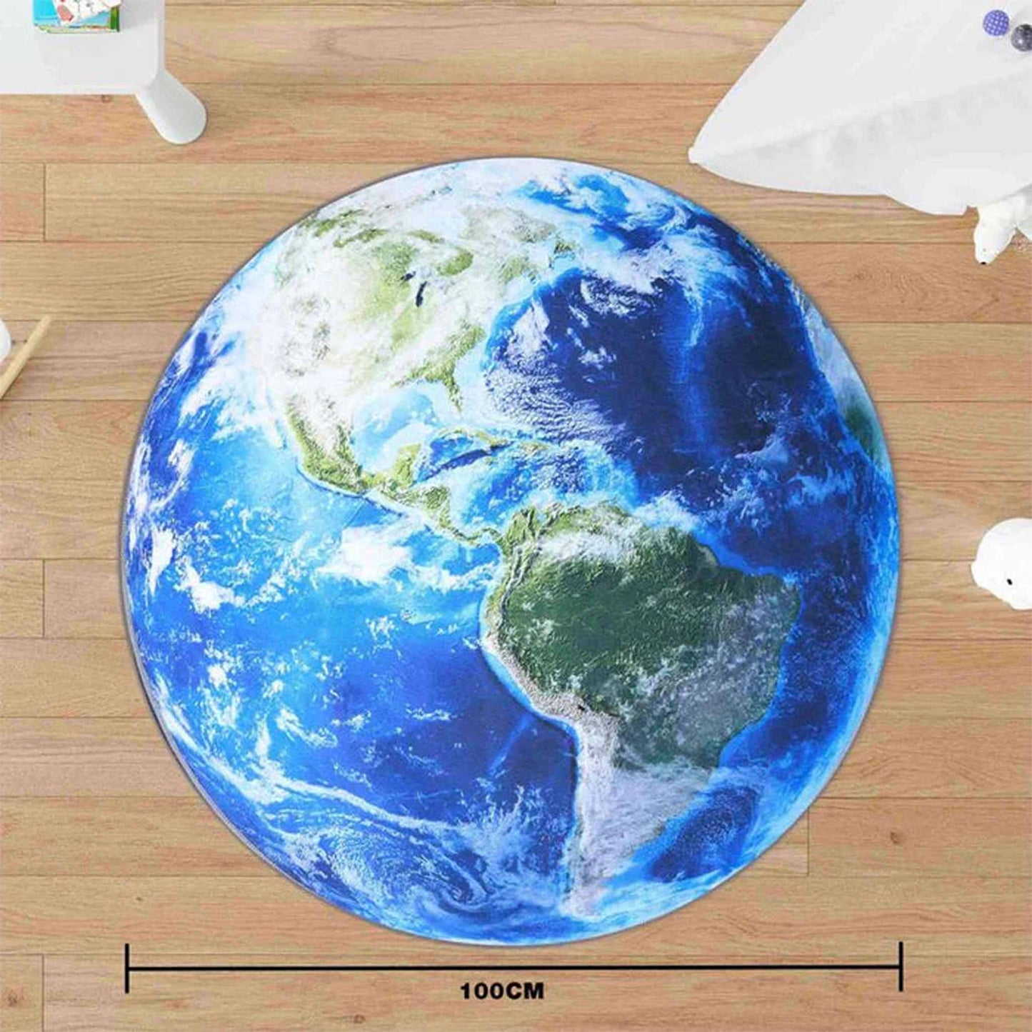 Round Earth-themed rug on a wooden floor with a scale bar indicating its size.