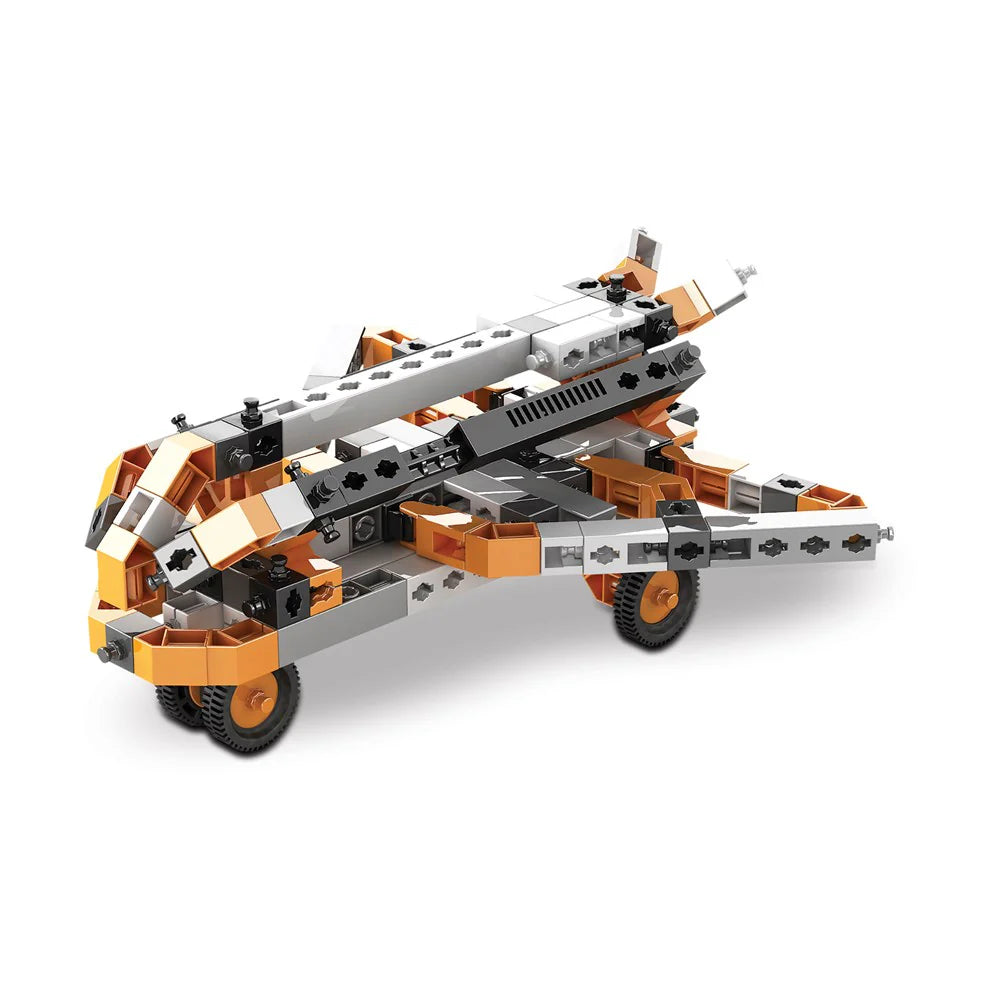 Toy construction vehicle made of interlocking bricks on a white background