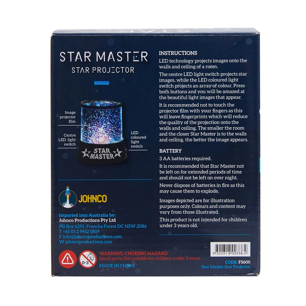 Back of a Star Master star projector packaging with text and illustrations.