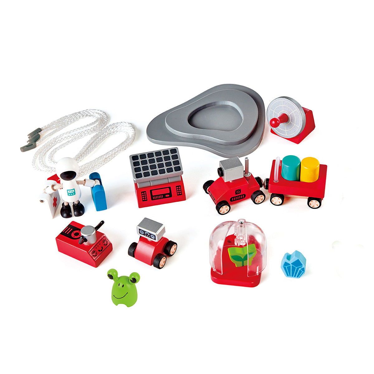 Collection of colorful toy vehicles and objects on a white background