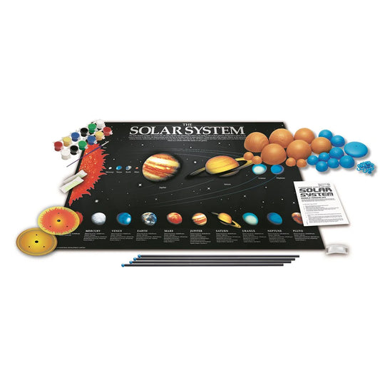 Solar system model kit with educational poster on a white background