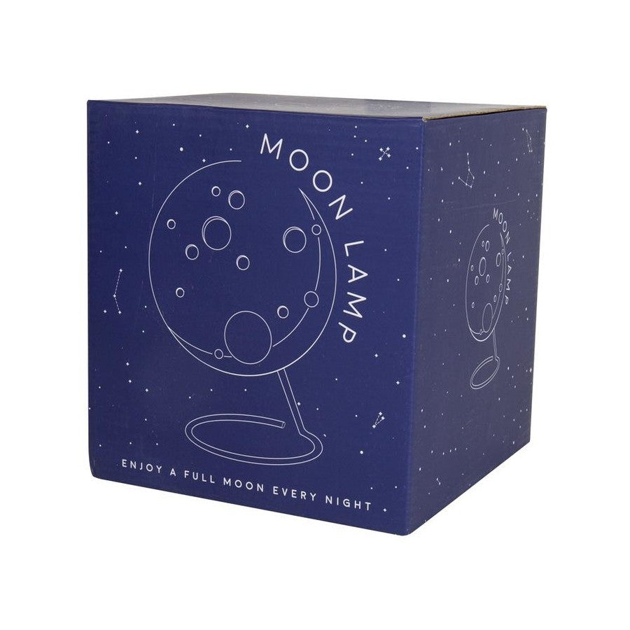 Box for a moon lamp with a blue design and white text on a white background
