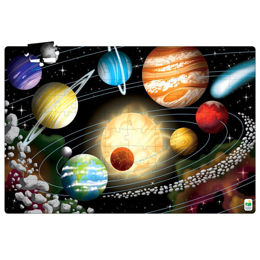 Solar system-themed puzzle with colorful planets on a black background