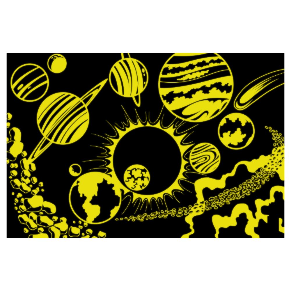 Illustration of planets and celestial bodies on a black background with yellow outlines.