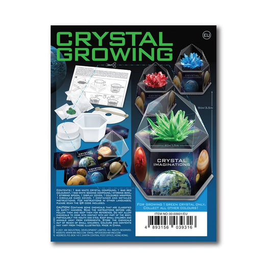Crystal growing kit packaging with illustrations and text on a white background