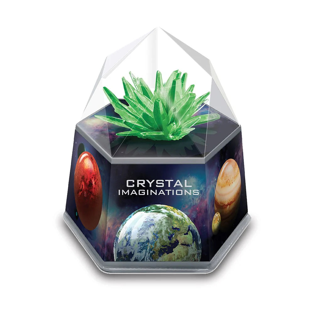 Hexagonal crystal with green plant inside, featuring 'Crystal Imaginations' branding.