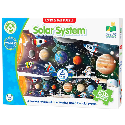 Solar System puzzle packaging with space-themed design and educational text.