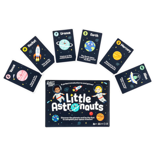 Set of 'Little Astronauts' puzzle cards with space-themed designs on a white background