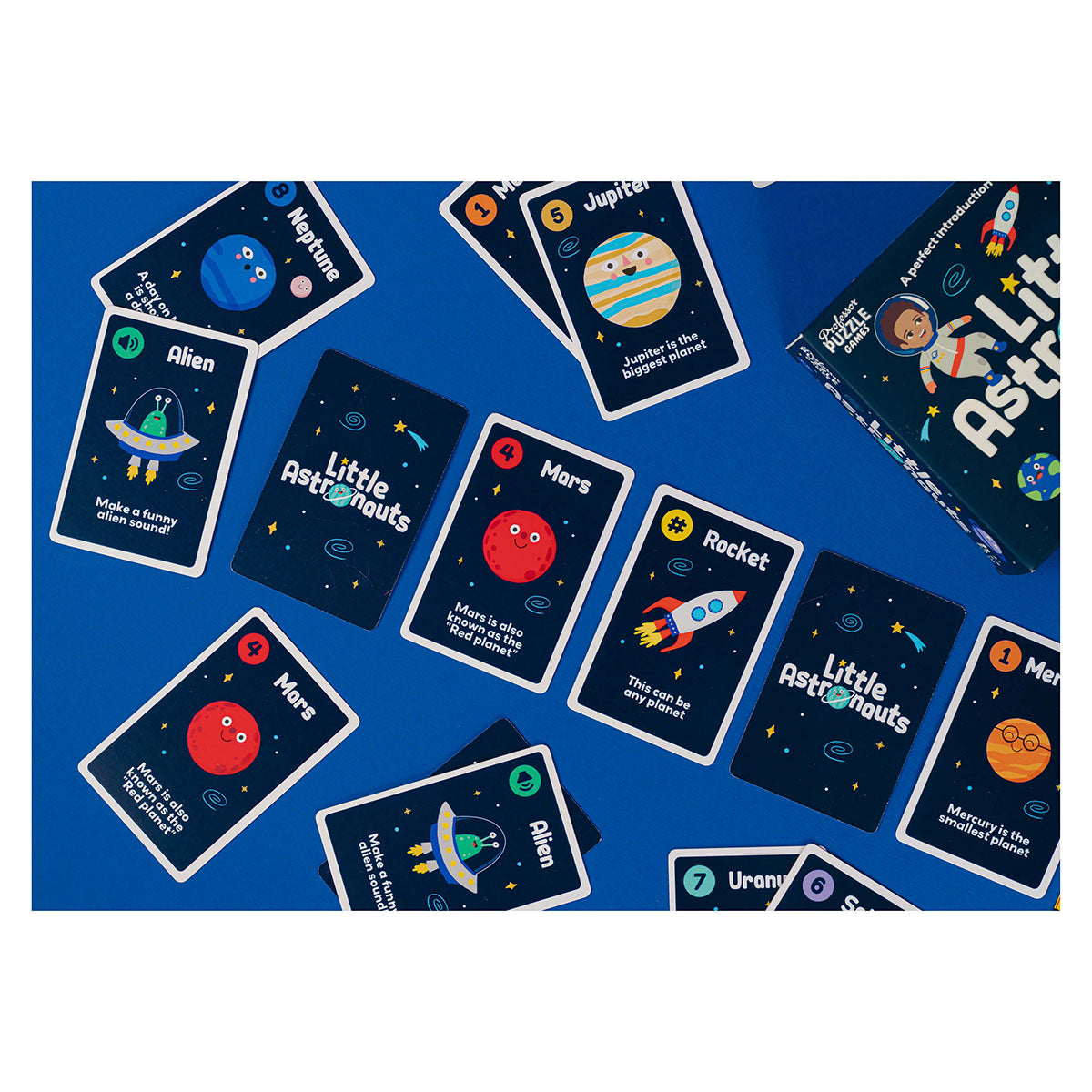 Card game titled 'Little Astronauts' with space-themed cards on a blue background