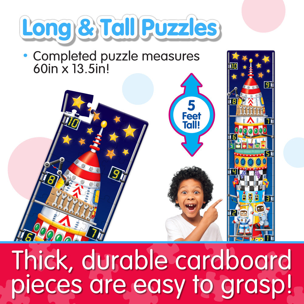 Long and tall puzzle with packaging and child pointing at it, featuring text about dimensions and material.