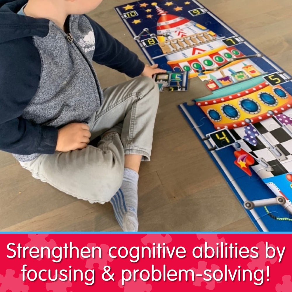 Child playing with a toy on a colorful educational mat.