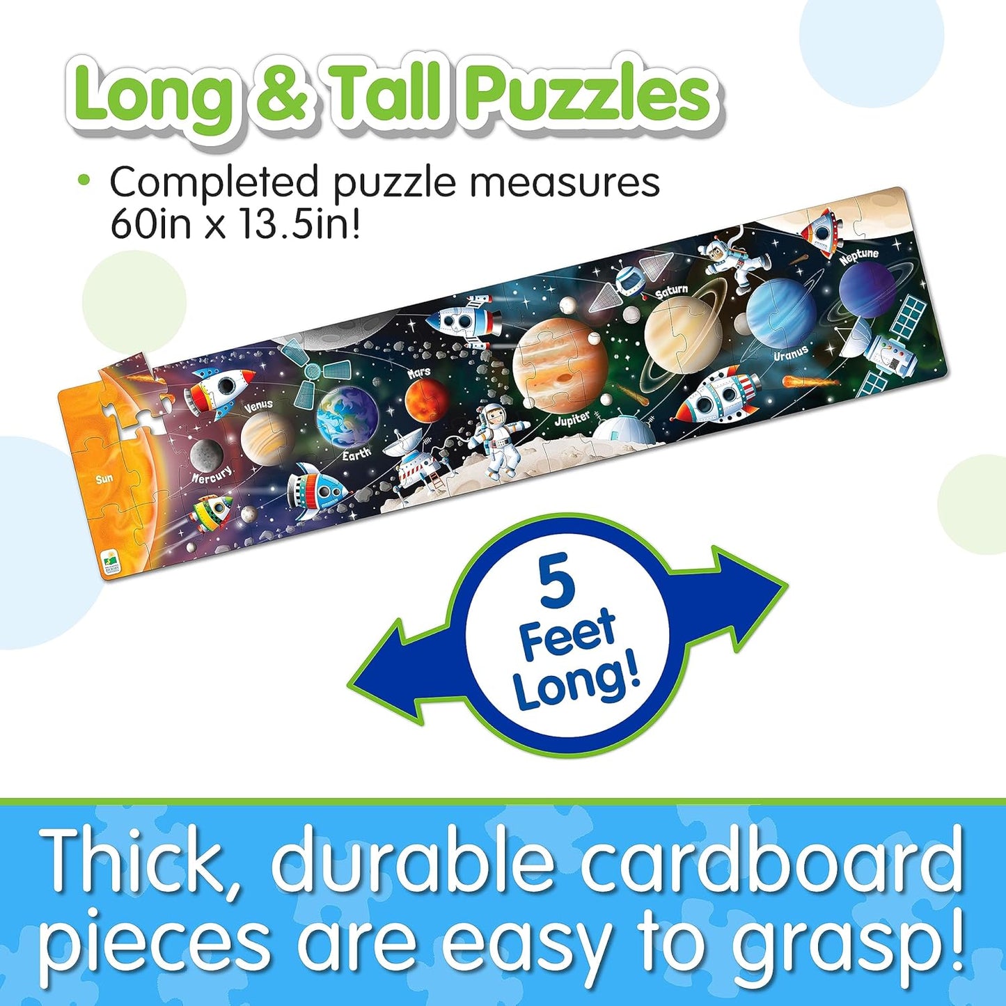 Space-themed puzzle with text about its size and material on a white background