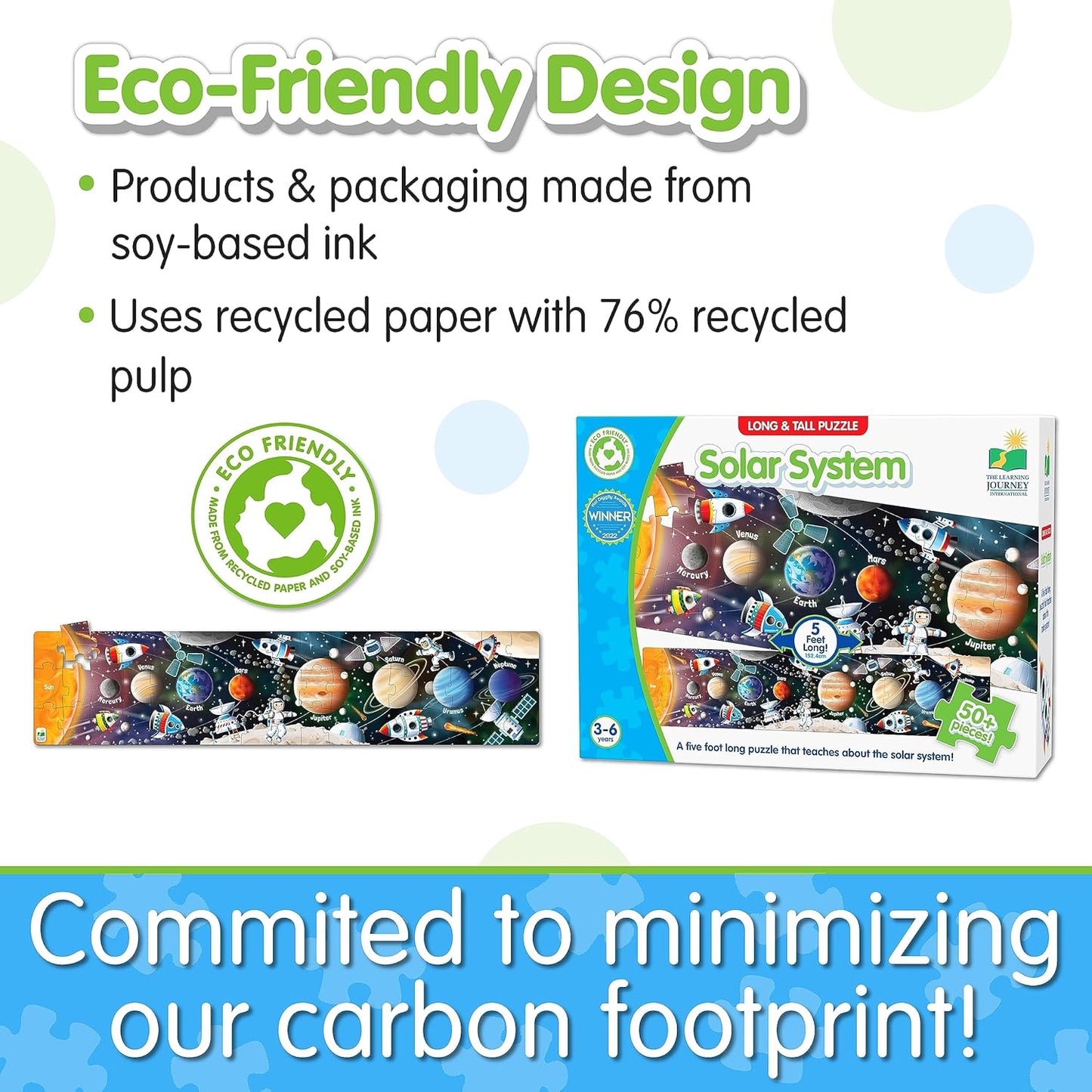Eco-friendly product packaging with solar system puzzle and text about eco-friendly design.