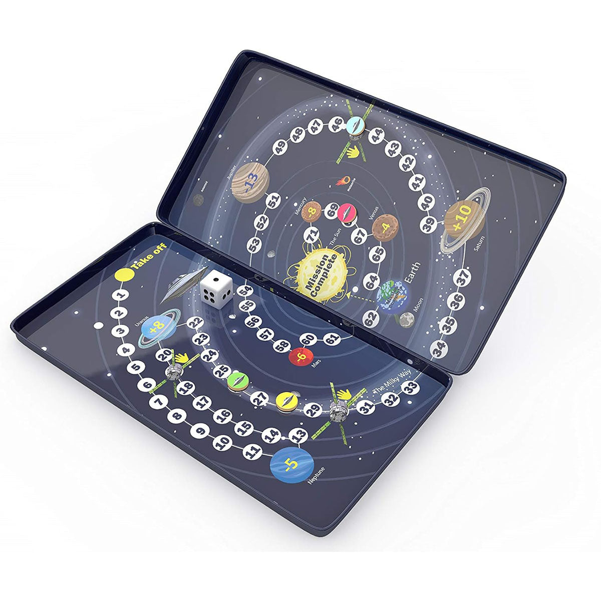 Solar system-themed game board with planets and dice on a white background