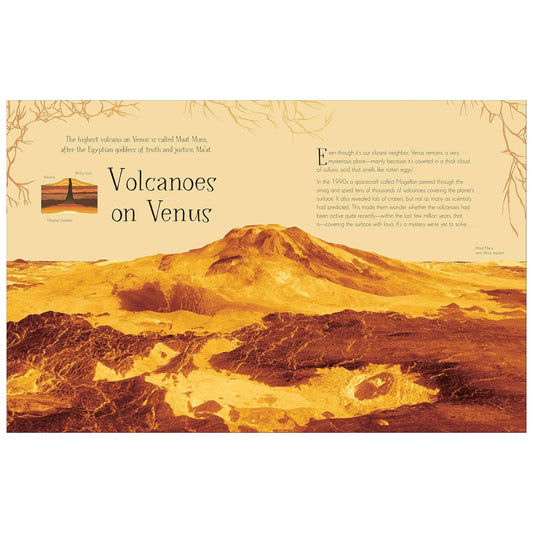Illustration of volcanoes on Venus with text and inset image.