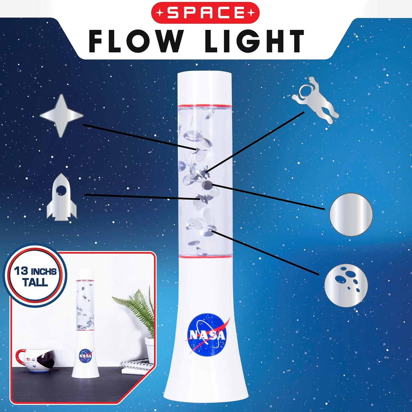 NASA Space Flow Light with illustrations of space-themed objects on a blue background