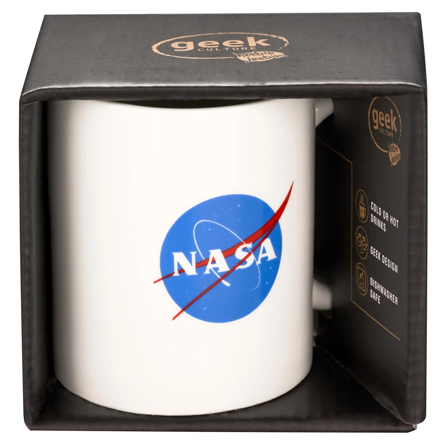 White mug with NASA logo in a black box packaging, featuring 'geek' branding.