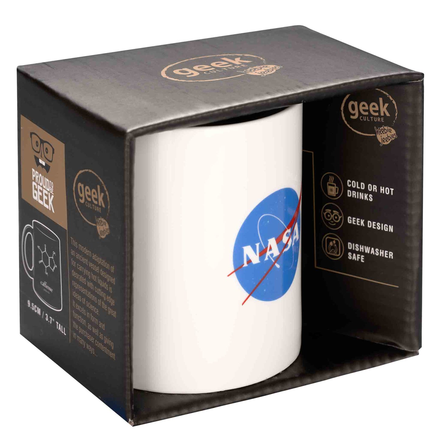 White mug with NASA logo in a black 'Geek' branded box