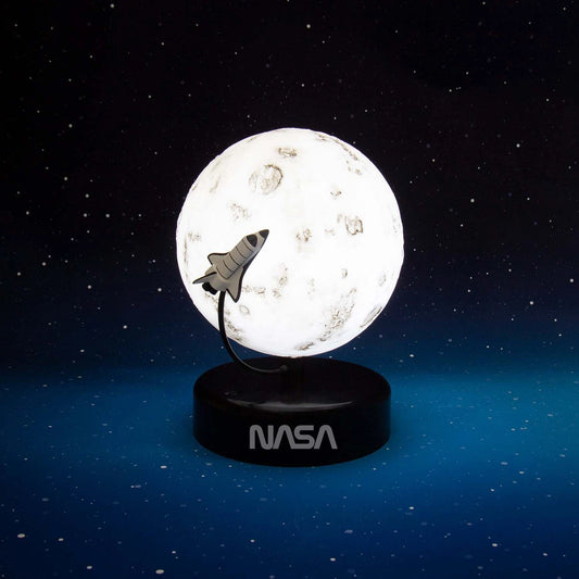 NASA-themed moon lamp with a rocket on a dark space background