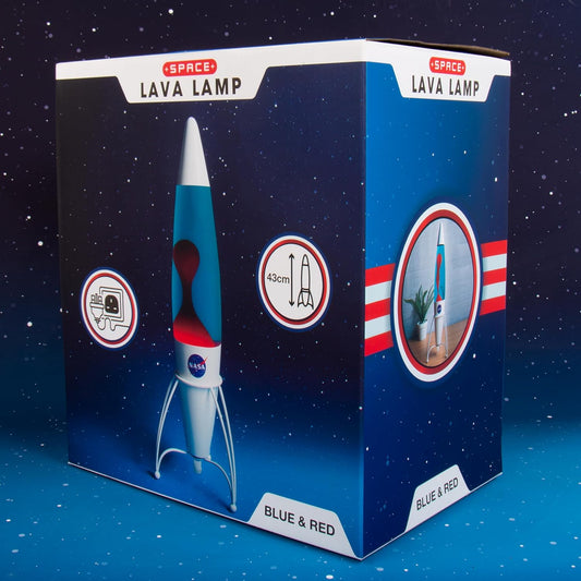 Box packaging of a lava lamp with space-themed design on a dark blue background