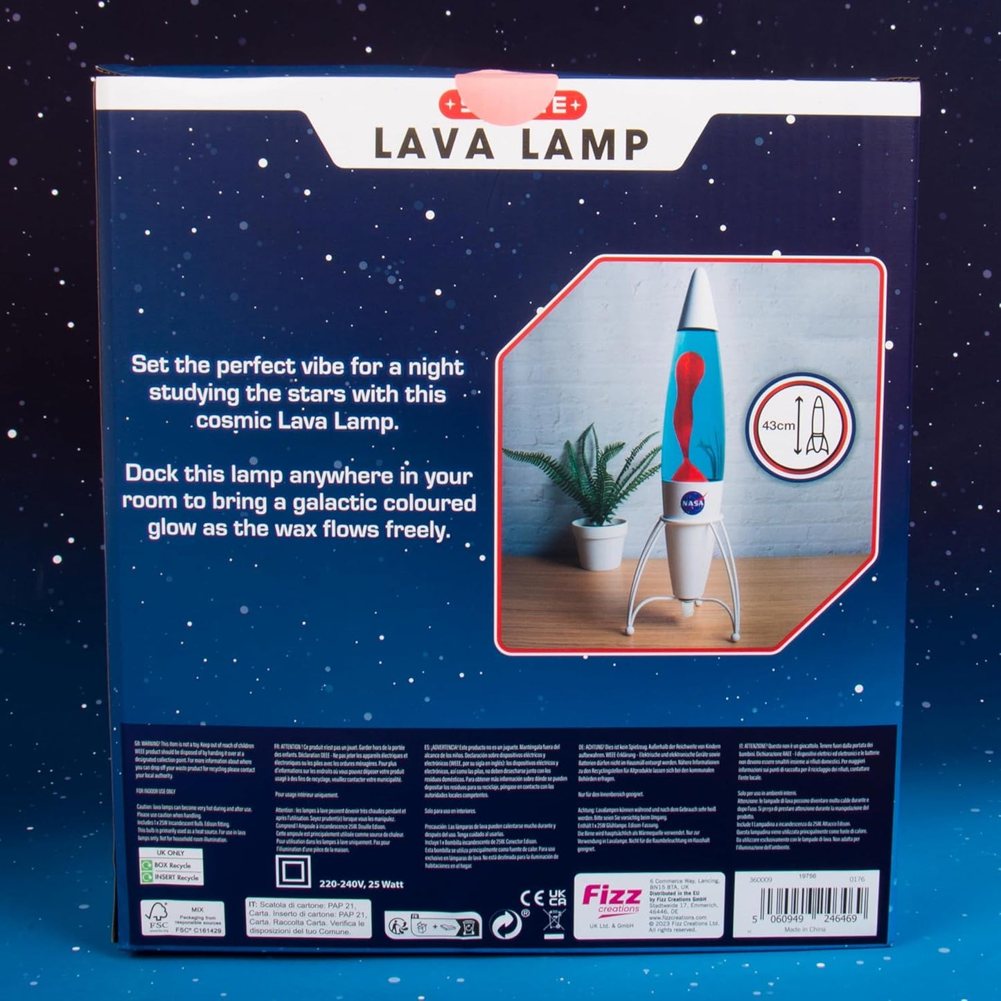 Lava lamp packaging with text and product image on a dark blue background