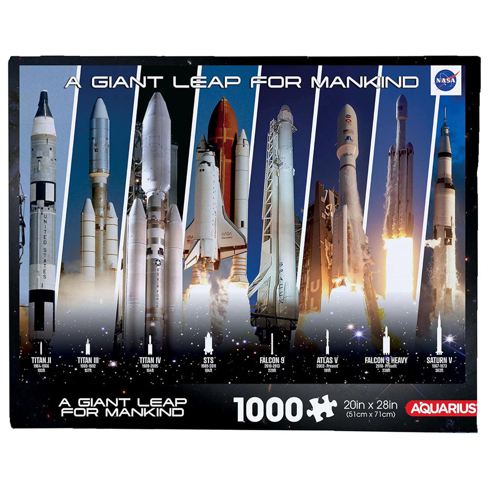 Jigsaw puzzle box featuring NASA rockets with 'A Giant Leap for Mankind' text.