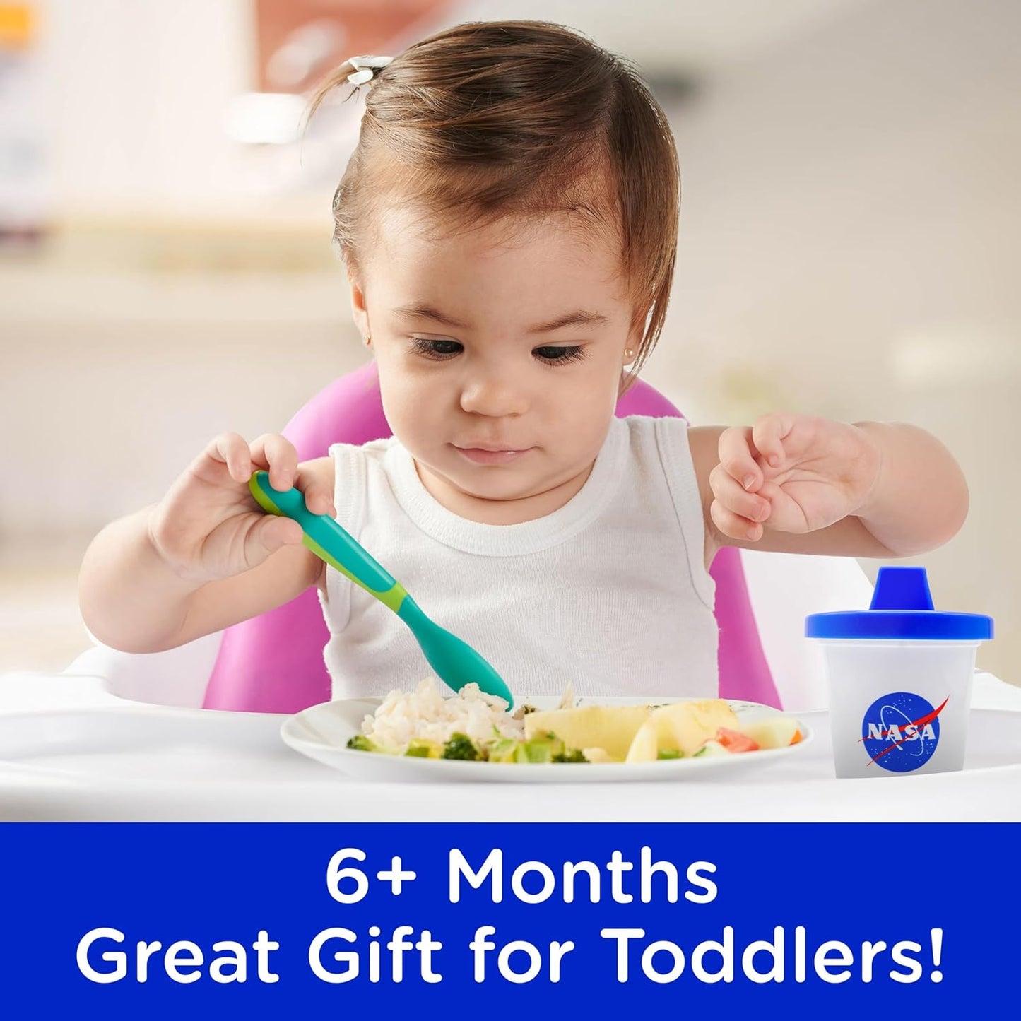 Child eating with a spoon and NASA cup, text '6+ Months Great Gift for Toddlers!'