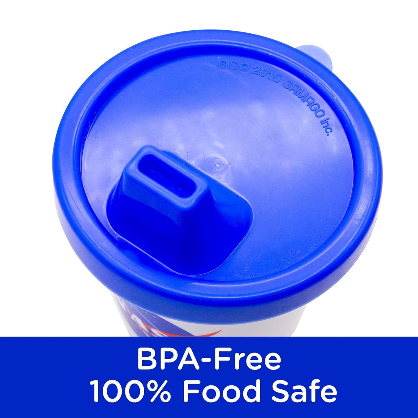 Blue lid on a container with 'BPA-Free 100% Food Safe' text on a white background